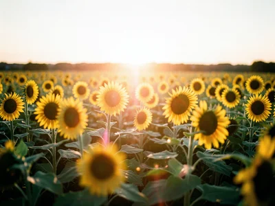 Sunflower field at golden hour, flowers glowing, warm backlight