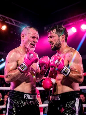 Boxer between rounds, pink gel left magenta gel right, sweat catching both light
