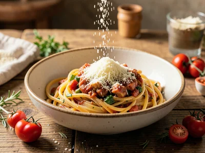 Family-style pasta dish in a large ceramic bowl, parmesan being grated over the 