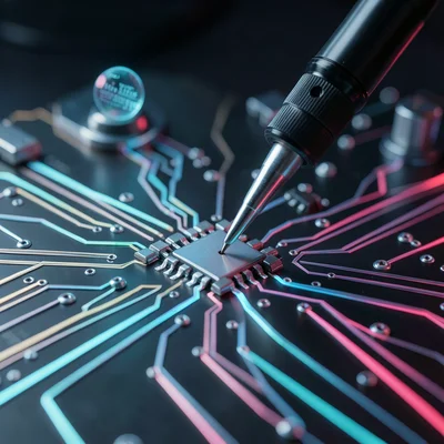 Close-up of a circuit board with soldering iron touching a micro-component