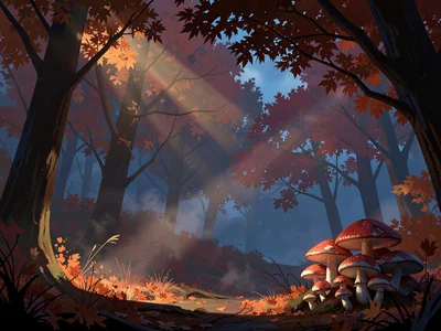 Autumn maple forest where dusk shafts cut through smoky leaves, warm crimson-ora