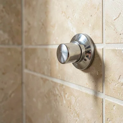 mineral close-up of a chrome shower handle on a tiled wall, crisp metallic edge