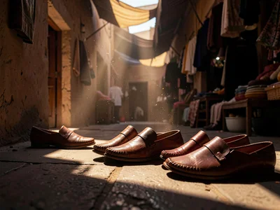Babouche slippers arranged in shadow with one pair catching doorway light, leath