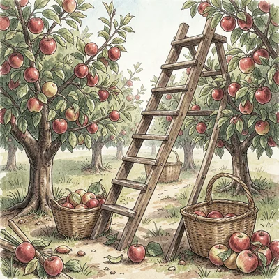 Artisan food packaging illustration, Apple orchard with ladder and baskets , far