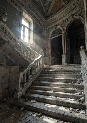 Mediterranean hard light on Beirut's wounded elegance, marble staircase in aband