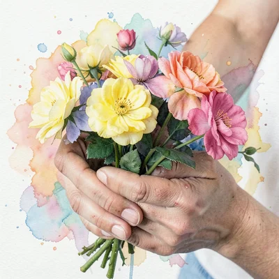 Hands holding flowers, fingers photorealistic, flowers becoming loose watercolor