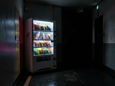 Person's face lit by vending machine in dark hospital hallway, 3am crisis, the s