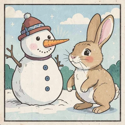 Rabbit eyeing snowman carrot