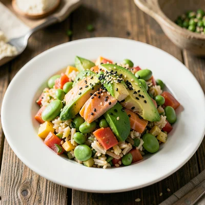 Colorful poke bowl with salmon, avocado, edamame, and sesame seeds on a white pl