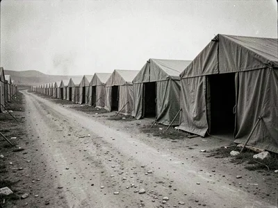 Row of migrant worker tents along a dusty road — no people visible, just evidenc