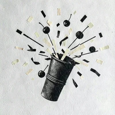 Screenprint of a bursting confetti cannon with paper-cut shapes, cherry and crea