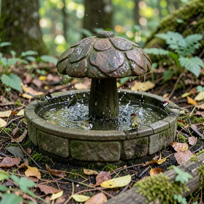 Acorn cap as bird bath, tiny birds splashing, forest floor setting