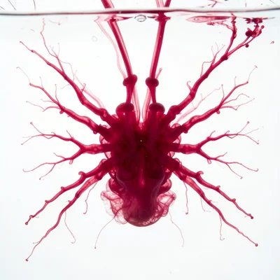 Crimson red liquid watercolor diffusing from single drop, bilateral symmetry fro