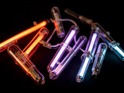 A collection of vintage neon tube fragments, no longer powered, the glass tubes 