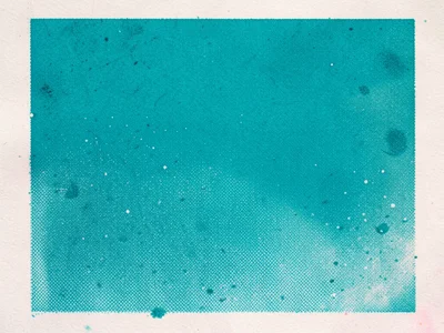 Risograph ink depletion texture, solid teal field fading to scattered dots as dr