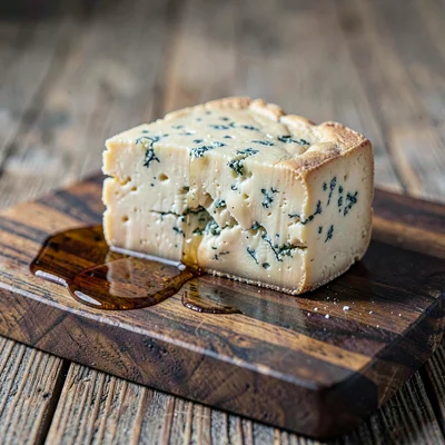 wedge of aged blue cheese on a dark wood board with a slow pool of dark-amber ho
