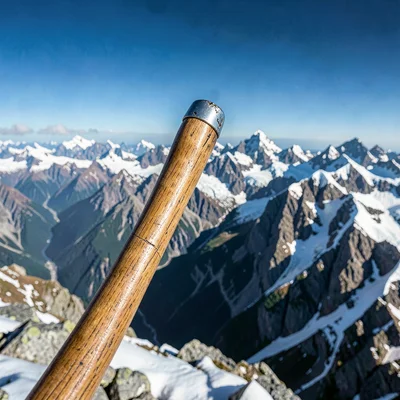Crystal clear high-altitude light, sharp mountain air quality, A wooden walking 