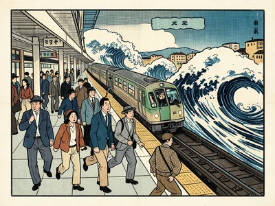 Commuters on a subway platform, flat figures in modern clothes posed like kabuki