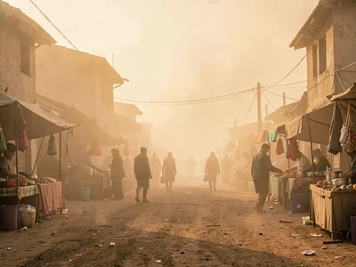 Market stalls as ghost shapes through dense afternoon dust