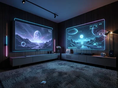 1970s living room with shag carpet and wood paneling, but holographic TV display