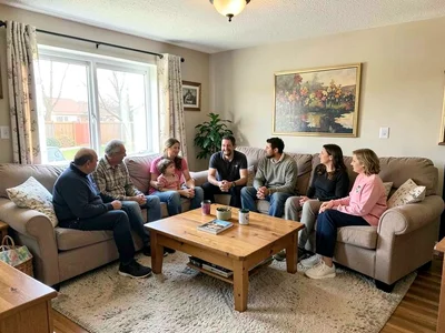 Living room with family gathered, all in frame