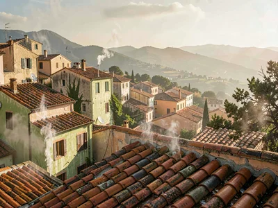 Post-rain rooftop landscape with terracotta tiles deeply saturated, steam curlin