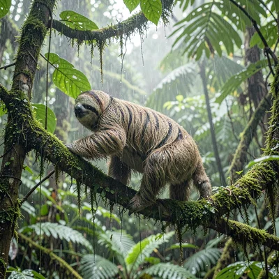 Tropical rainforest photograph, humid jungle atmosphere, A sloth moving slowly t