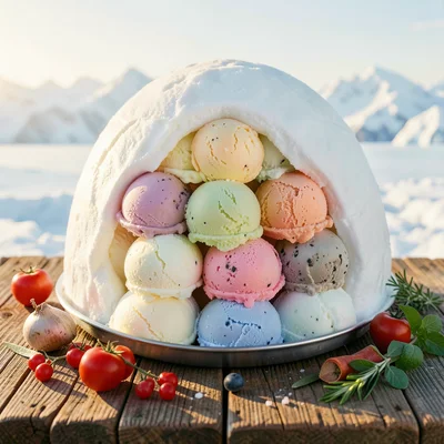 Igloo built from scoops of ice cream, various flavors, arctic setting