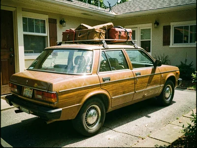 Station wagon with wood paneling parked in driveway, luggage on roof rack, under