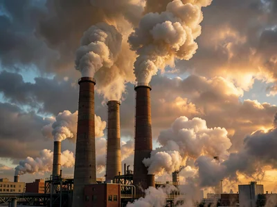 Smoke stacks and steam rendered in false color, pollution becoming terrifyingly 