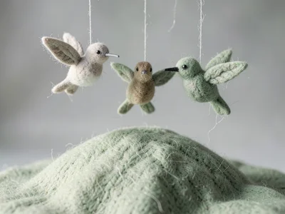 Trio of felted hummingbirds suspended on invisible threads above a sage felt lan