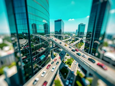 High vantage tilt-shift photograph from a transmission tower of a stack intercha