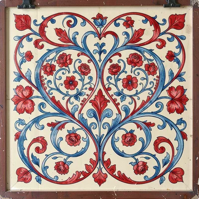 Scandinavian rosemaling illustration, intertwined hearts with flowing flower scr