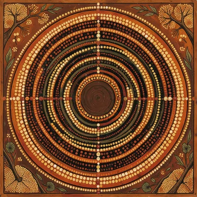 Indigenous Australian dot painting illustration, concentric circles representing