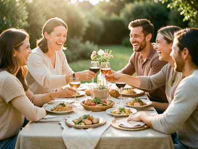 Friends gathered around an outdoor table covered in sharing plates, reaching acr