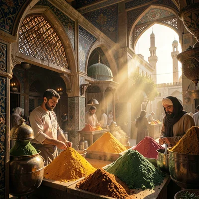 Islamic Cairo geometry, medieval city light, spice vendor behind mounds of color