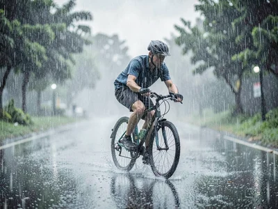 Bicyclist through rain curtain