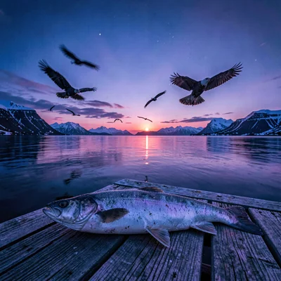 Polar liminal light, extended blue hours, Fresh caught cod on a wooden dock, sea