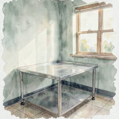 Atmospheric watercolor of a small vet hospital exam room with a stainless table