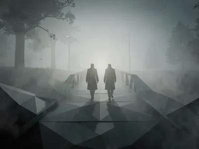 Two distant figures in long coats walking toward a faceted bridge while heavy fo