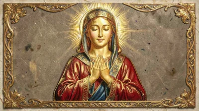 Gold leaf illuminated illustration, Virgin Mary in prayer , burnished gold leaf 
