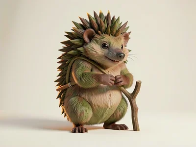 Bristly hedgehog-traveler standing on hind legs with forepaws clasped and a smal