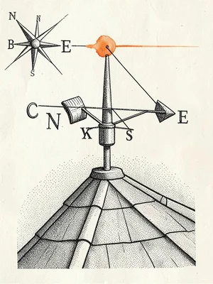 Stipple-shaded close-up of a hand-drawn weather vane on a paper rooftop, multipl