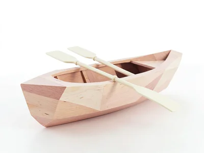 Wooden peach lowpoly rowboat with two cream oars resting on the gunwale, faceted