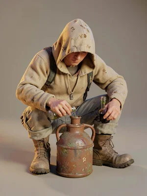 A water-finder sits hunched filling small flasks one at a time from a larger jug