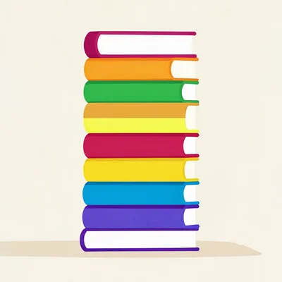 Vertical flat composition of a tall stack of books in saturated rainbow with cre