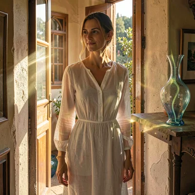Through the lens of Venetian glass-making, molten luminosity, A woman in a white
