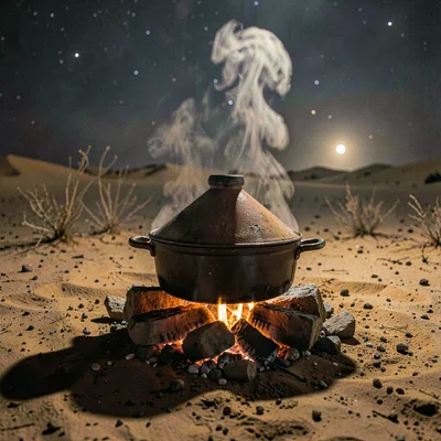 Desert environment photograph, extreme heat conditions, A pot of tagine cooking 