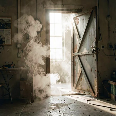 Steam rising near a propped-open metal door at end of session