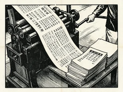 A printing press with a large broadsheet coming off the roller, an operator pull